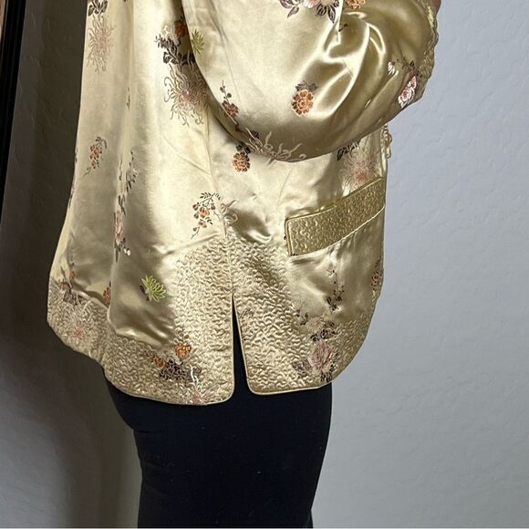 Silk Jacket Quilted Red Gold Boxy Split Hem 3/4 Sleeve Reversible Floral M - Picture 7 of 14